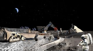 Artist's concept of a 3-D printed structure being fabricated from lunar soil