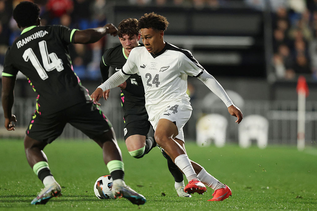 New Zealand&amp;rsquo;s Luke Brooke-Smith makes a run down the side line during the international friendly football match between Australia and New Zealand in Auckland on September 9, 2025. (Photo by Michael Bradley / AFP)
