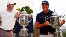 Brooks Koepka and Phil Mickelson pose with their PGA Championship trophies