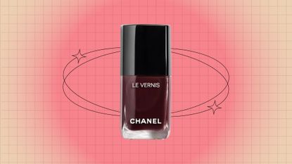 Chanel Rouge Noir nail polish pictured on a cream and pinky red aura template