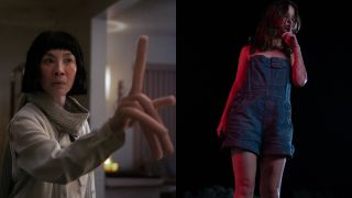 Michelle Yeoh in Everything Everywhere All at Once and Mia Goth in X, pictured side by side.