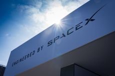 The logo of SpaceX company is seen at the Mobile World Congress 2026 (MWC) at the Fira de Barcelona