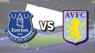 The Everton and Aston Villa club badges on top of a photo of Goodison Park stadium in Liverpool, England