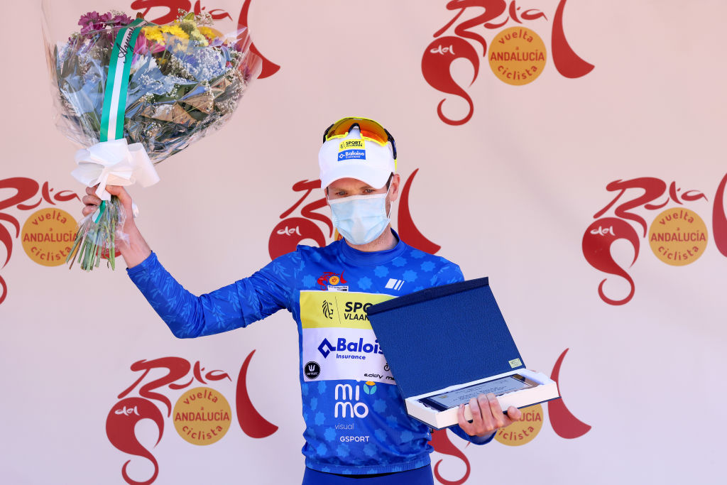 VILLARRODRIGO SPAIN MAY 20 Thomas Sprengers of Belgium and Team Sport Vlaanderen Baloise Blue Intermediate Jersey celebrates at podium during the 67th Vuelta A Andalucia Ruta Del Sol 2021 Stage 3 a 17510km stage from Beas De Segura to Villarrodrigo 1151m VCANDALUCIA on May 20 2021 in Villarrodrigo Spain Photo by Gonzalo Arroyo MorenoGetty Images