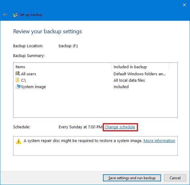 Windows 10 change backup schedule