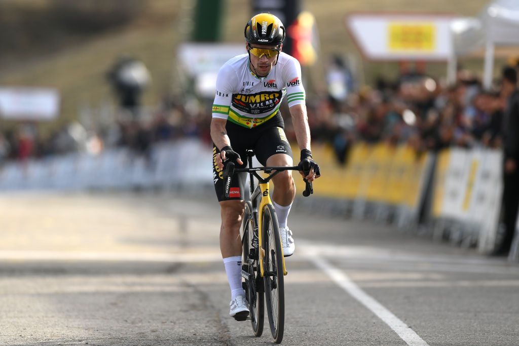 LA MOLINA SPAIN MARCH 22 Primoz Roglic of Slovenia and Team JumboVisma Green Leader Jersey crosses the finish line on second place during the 102nd Volta Ciclista a Catalunya 2023 Stage 3 a 1806km stage from Olost to La Molina 1691m UCIWT on March 22 2023 in La Molina Spain Photo by David RamosGetty Images
