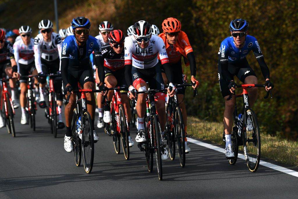 LAGHI DI CANCANO ITALY OCTOBER 22 Amanuel Ghebreigzabhier Werkilul of Eritrea and NTT Pro Cycling Team Joseph Lloyd Dombrowski of The United States and UAE Team Emirates Matthew Holmes of The United Kingdom and Team Lotto Soudal Ilnur Zakarin of Russia and CCC Team Ben Oconnor of Australia and NTT Pro Cycling Team during the 103rd Giro dItalia 2020 Stage 18 a 207km stage from Pinzolo to Laghi di Cancano Parco Nazionale dello Stelvio 1945m girodiitalia Giro on October 22 2020 in Laghi di Cancano Italy Photo by Tim de WaeleGetty Images