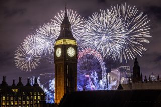 Fireworks over Big Ben in London.