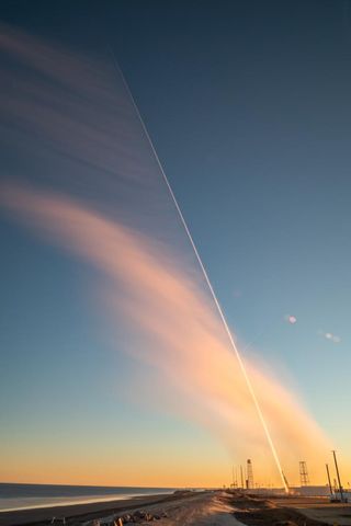 This long exposure of the Space Force's sounding rocket launch shows the Terrier-Terrior-Oriole rocket as a bright streak headed into the sky.