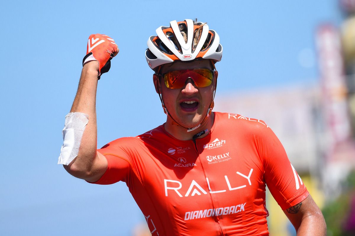 Adam De Vos (Rally Cycling) celebrates his stage win