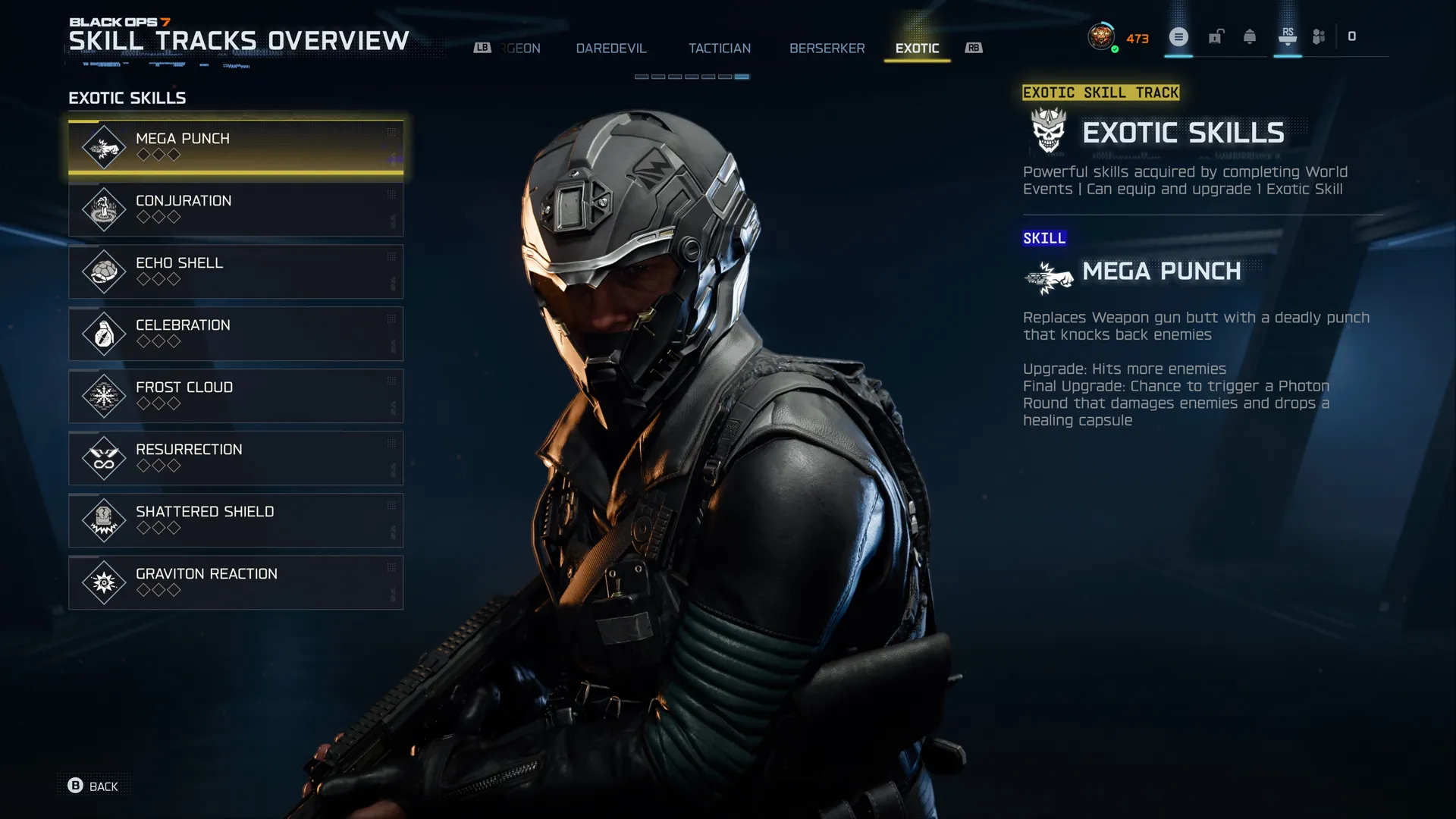 Black Ops 7 Season 1: The Exotic Skills shown in the skill tracks menu.