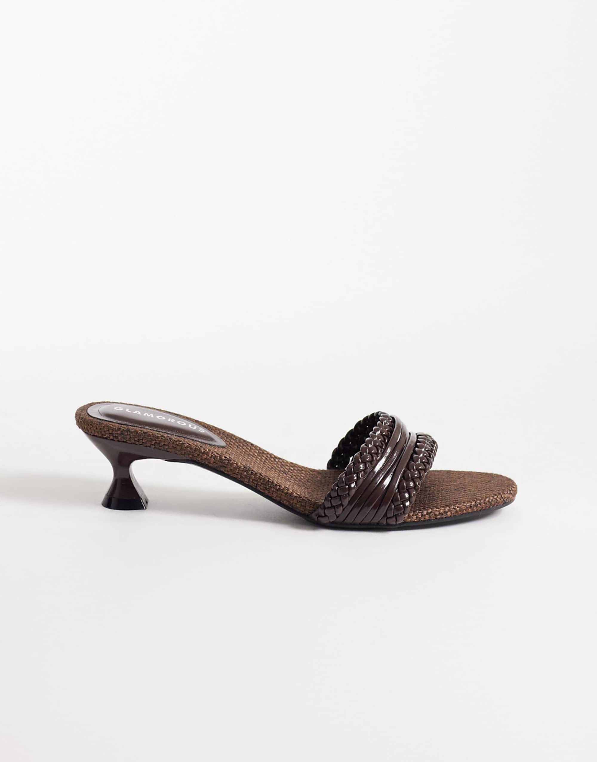 Glamorous Kitten Heeled Woven Sandals in Brown