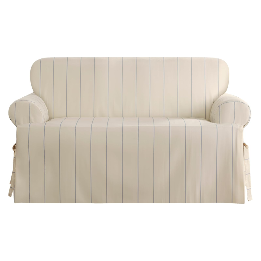 Surefit Heavyweight Cotton Duck T-Cushion Loveseat Slipcovers, Printed Heavyweight Cotton Loveseat Cover, One Piece Design, Loveseat Cover With Seat Elastic and Corner Ties, Natural With Blue Stripe