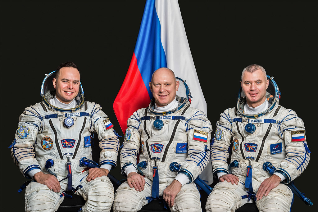 Soyuz MS-21 crew members (from left) Sergey Korsakov, Oleg Artemyev, and Denis Matveev pose for a portrait at the Gagarin Cosmonaut Training Center in Russia. They will serve aboard the International Space Station as Expedition 66/67 crew members