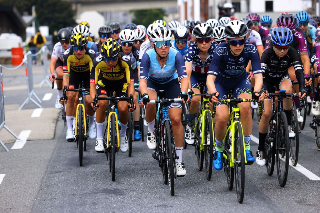 LANDERNEAU FRANCE JUNE 26 Anouska Helena Koster of Netherlands and Jumbo Visma Team Shirin Van Anrooij of Netherlands and Team Trek Segafredo Tanja Erath of Germany and Team TIBCO Silicon Valley Bank Eider Merino Cortazar of Spain and AR Monex Womens Pro Cycling Team during the 8th La Course By Le Tour De France 2021 a 1077km race from Brest to Landerneau Cte De La Fosse Aux Loups 176m LaCourse LeTour TDF2021 UCIWWT on June 26 2021 in Landerneau France Photo by Tim de WaeleGetty Images