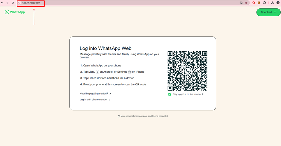 Screenshot showing how to use WhatsApp via a browser