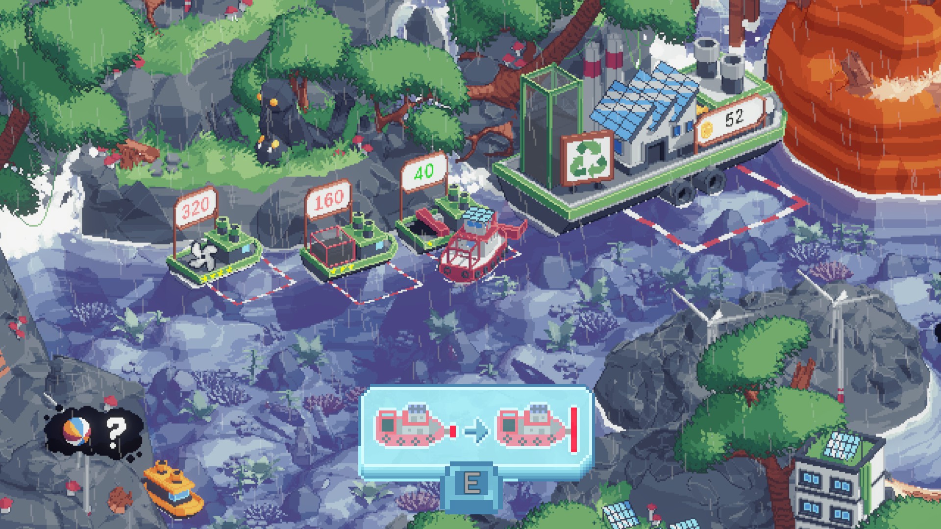 Spilled! screenshot of the little boat choosing one of three different upgrades to increase the size of its scooper, another boat can be seen nearby and that has a beach ball with a question mark next to it