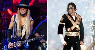 Orianthi [left] wears a wide-brimmed hat and sunglasses as she takes a solo on her signature PRS electric guitar; Michael Jackson wears mirrored shades and a gold bullet-belt as he performs at the half-time Super Bowl show in 1993.