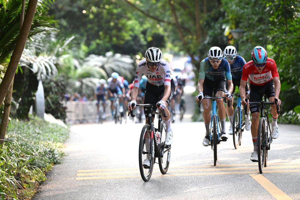 NANNING CHINA OCTOBER 20 LR Pavel Sivakov of Russia and UAE Team Emirates Alex Baudin of France and Decathlon AG2R La Mondiale Team and Lennert Van Eetvelt of Belgium and Team Lotto Dstny Red Leader Jersey attack during the 5th GreeTour of Guangxi 2024 Stage 6 a 134km stage from Nanning to Nanning UCIWT on October 20 2024 in Nanning China Photo by Dario BelingheriGetty Images