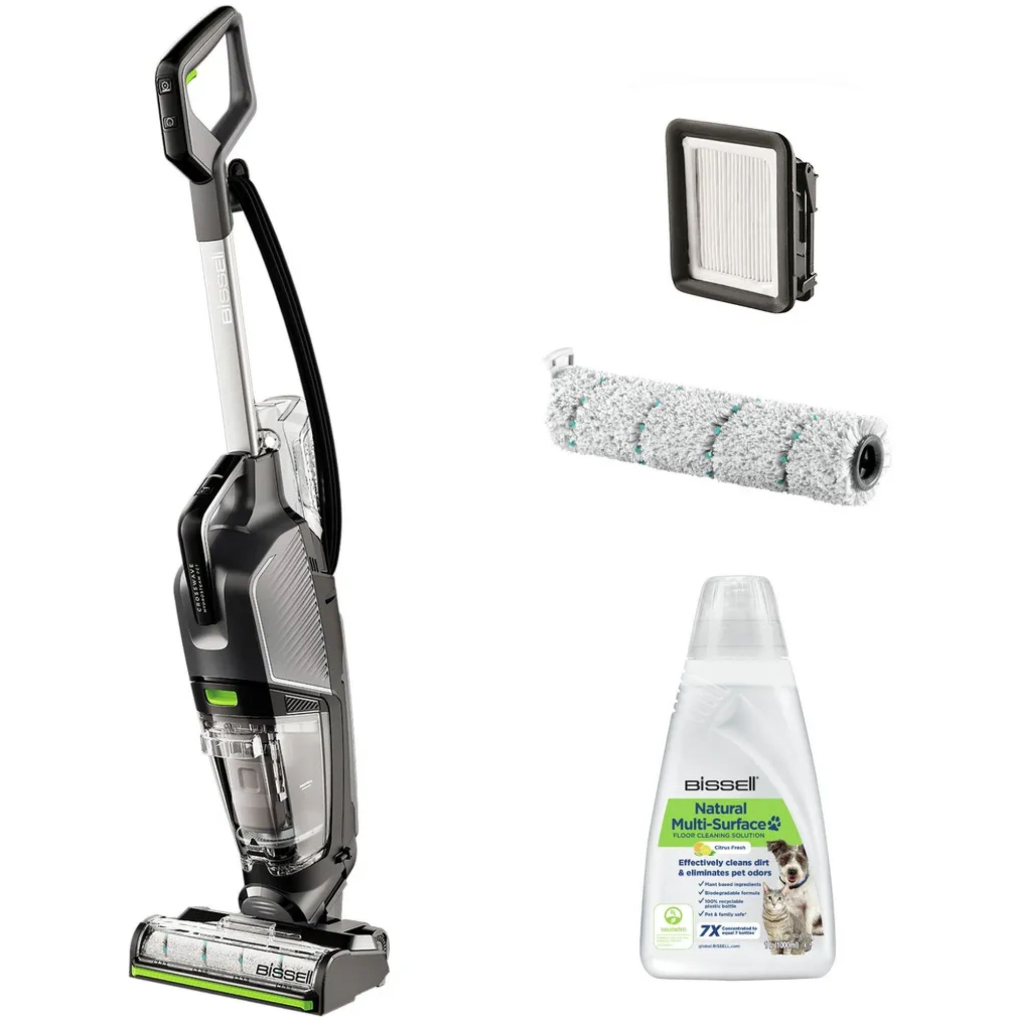 Bissell Crosswave HydroSteam Steam Cleaner on a white background with accessories to the side