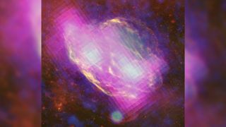 A pixellated image of a purple glowing cloud in space