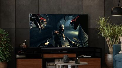 The Darkness game running on Xbox Series X and displayed on an LG C1 OLED TV in a living room