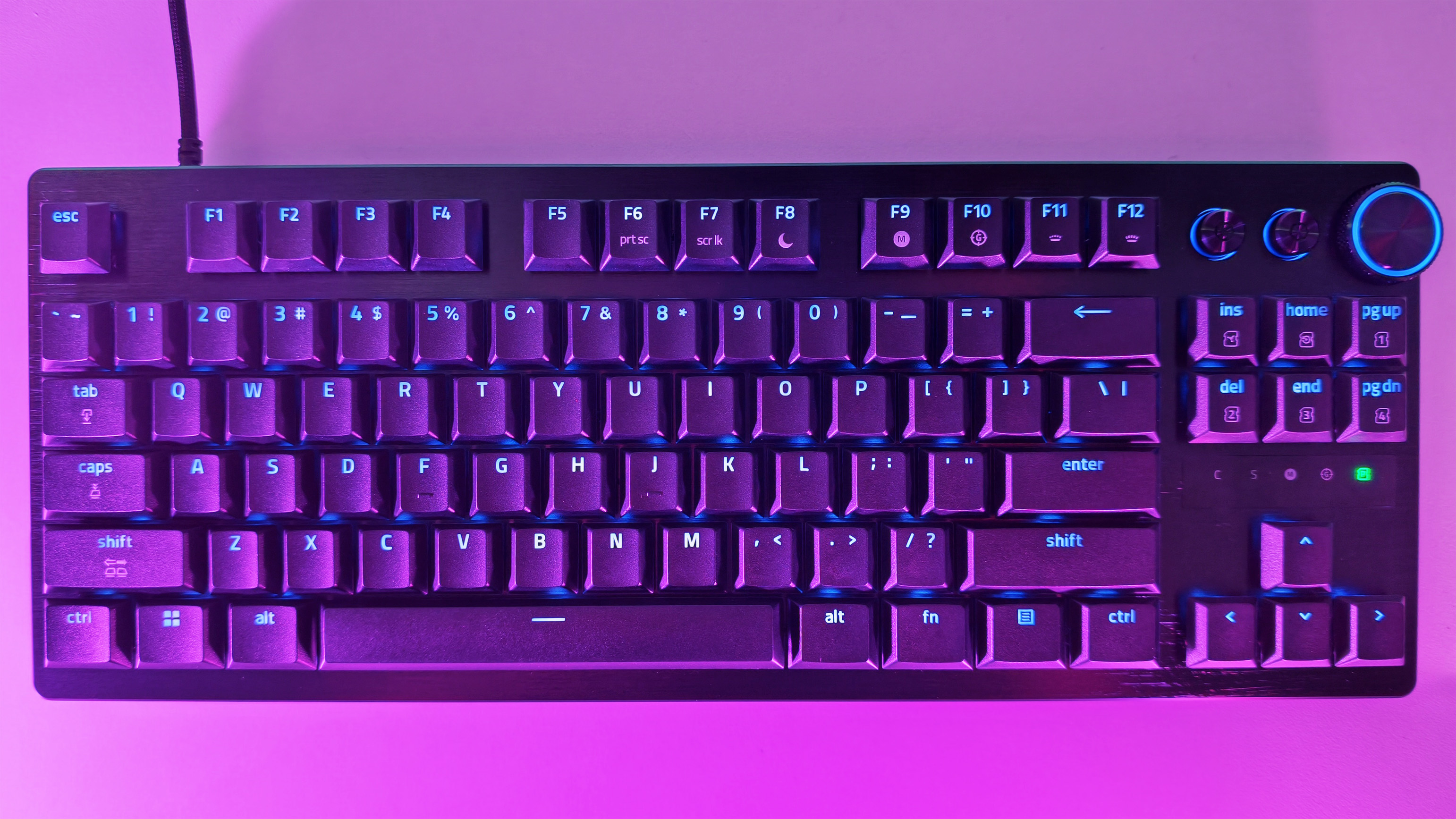 Overhead top-down view of the Razer Huntsman V3 Pro Low-Profile Tenkeyless gaming keyboard layout with backlit RGB keycaps.
