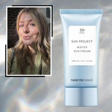 a blue bottle of korean sunscreen on a silver background next to a blonde woman with glowing skin