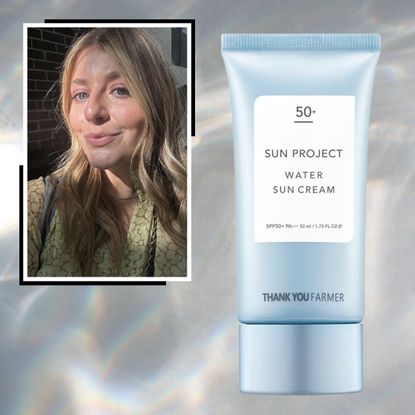 a blue bottle of korean sunscreen on a silver background next to a blonde woman with glowing skin