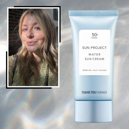a blue bottle of korean sunscreen on a silver background next to a blonde woman with glowing skin