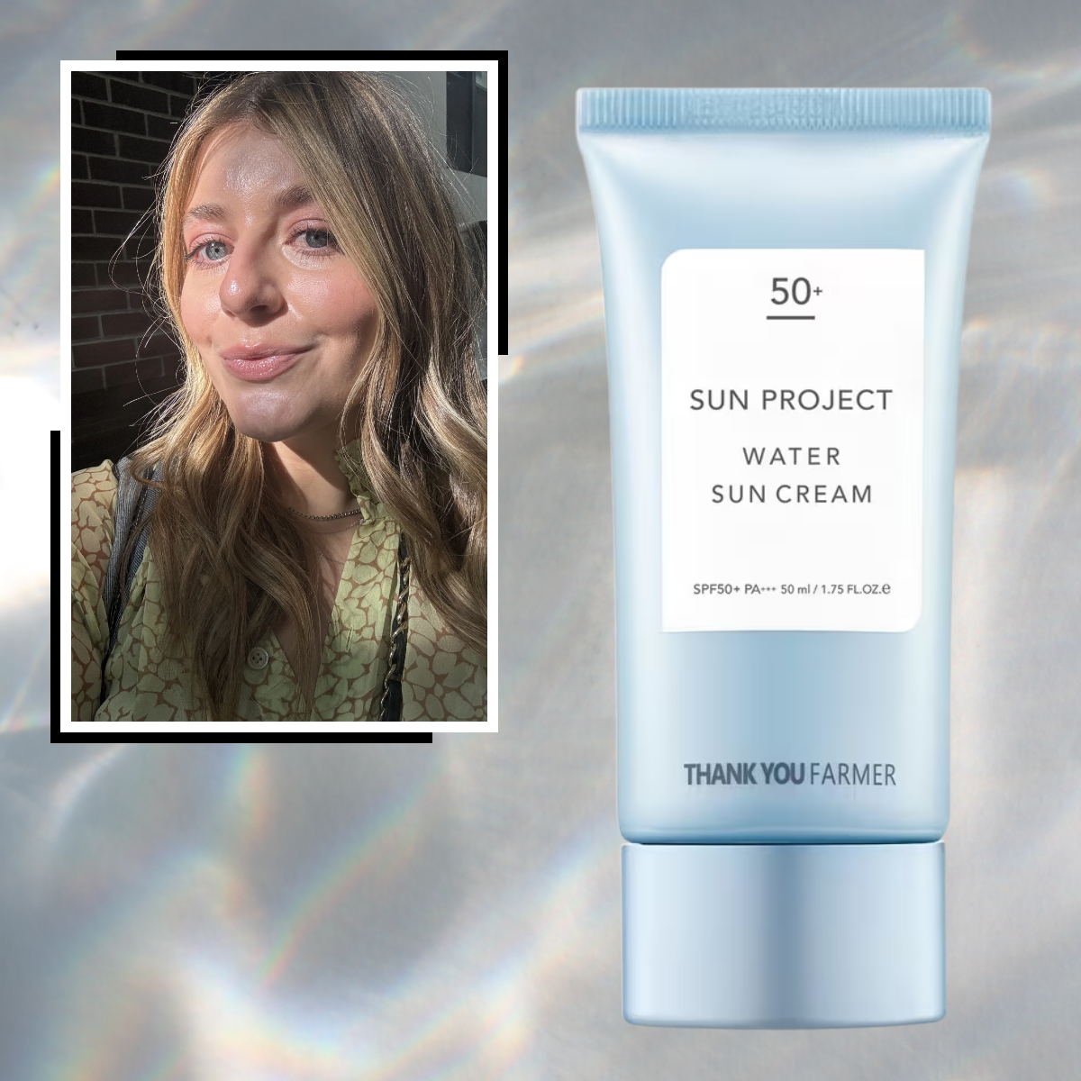 a blue bottle of korean sunscreen on a silver background next to a blonde woman with glowing skin