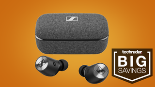 Big Savings - The Sennheiser Momentum True Wireless 2 earbuds are spotlighted on an orange background