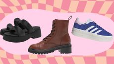 a variety of shoes pictured for the wrong shoe theory; boots, sandals and sneakers on a pink and peach checkerboard background