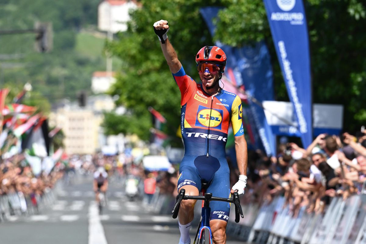 SAN SEBASTIAN, SPAIN - AUGUST 02: Giulio Ciccone of Italy and Team Lidl - Trek celebrates at finish line as race winner during the 44th Donostia San Sebastian Klasikoa 2025 a 211.4m one day race from San Sebastian to San Sebastian / #UCIWT / on August 02, 2025 in San Sebastian, Spain. (Photo by Antonio Baixauli/Getty Images)