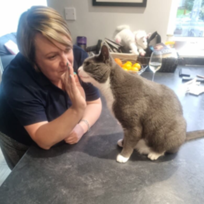 Cat sniffing Debbie Bryon's hand