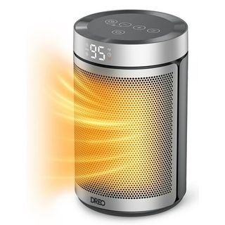 Silver, cylindrical space heater with orange rays representing direction of heat coming from the appliance. Against white background.