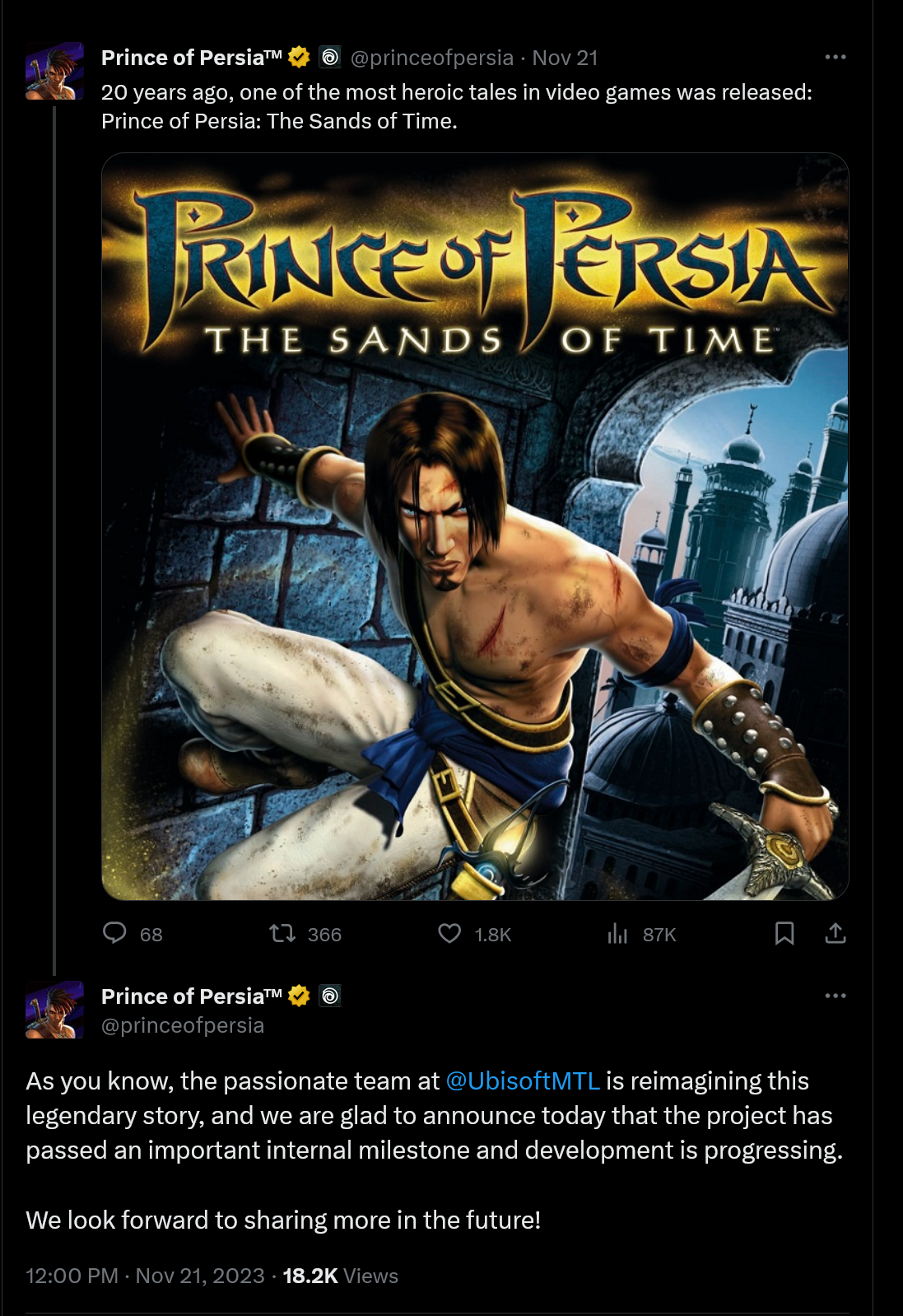 Спустя шесть месяцев после перезагрузки Prince of Persia: The Sands of Time Remake, Ubisoft заявляет, что дела идут хорошо: «Проект прошел важную внутреннюю веху».