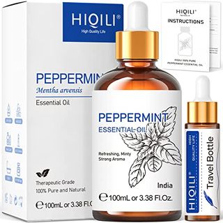 Hiqili Peppermint Essential Oil 3.38 Fl Oz - 100% Natural, With Glass Dropper for Air Freshening, Cleaning, Home, Garden, Indoor, Outdoor, Skin, Hair, Facial Care, Diffuser