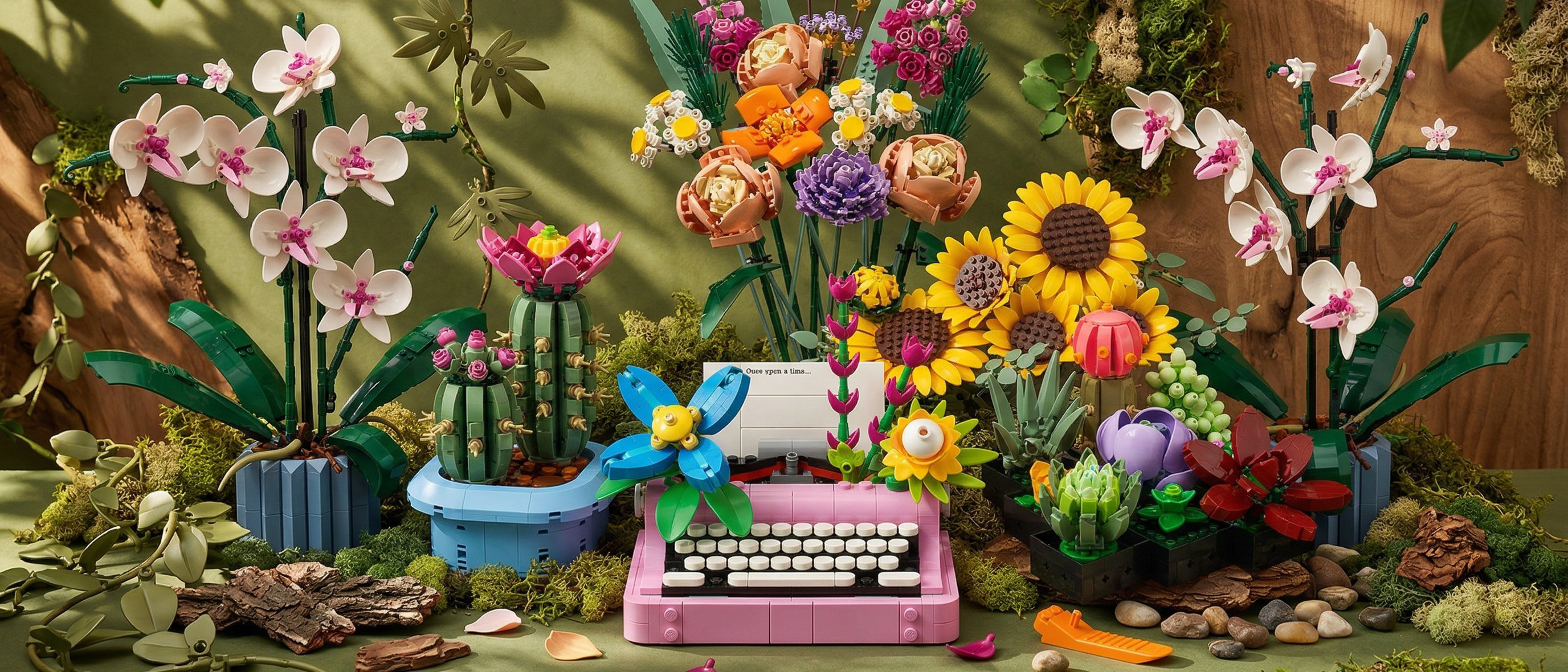 A selection of Lego Botanicals sets against a background for foliage