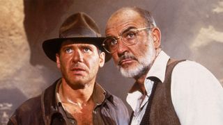 Sean Connery and Harrison Ford look off camera 