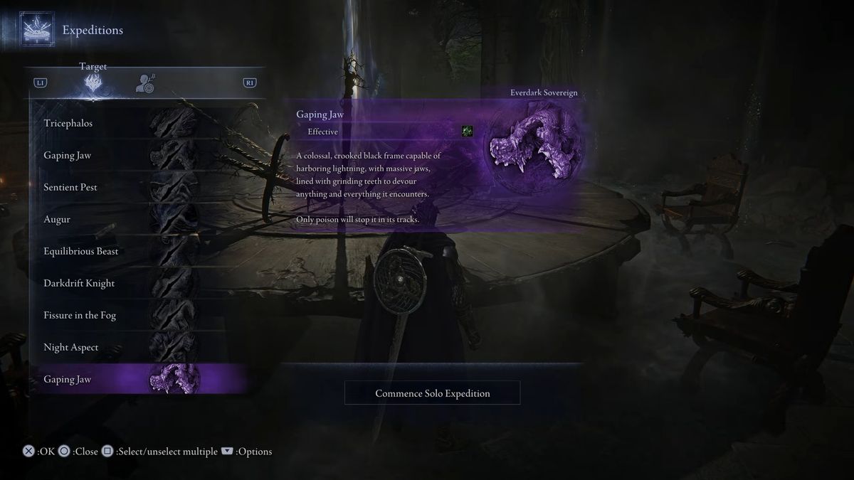 An Elden Ring Nightreign character standing in the Roundtable Hold and looking at the new Everdark Sovereign Gaping Jaw boss