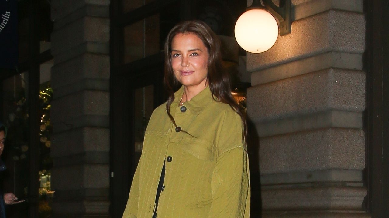 Katie Holmes wears Everlane utility coat in New York City