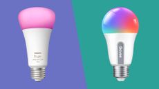 Philips Hue and Govee lightbulbs on purple and teal background