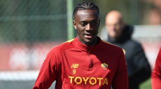 Tammy Abraham of Roma is pictured during a training session on April 6, 2023 in Rome, Italy.