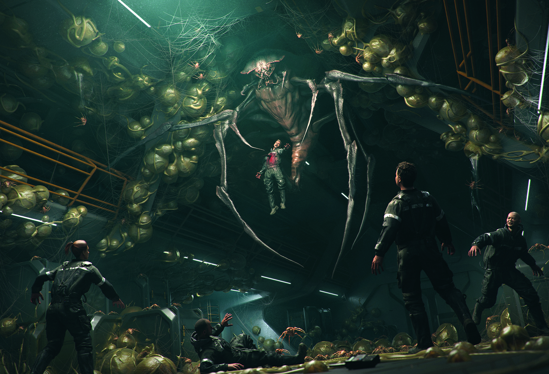 A render of a sci-fi scene with a giant spider attacking people