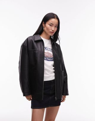 Faux Leather Zip Through 80s Jacket With Patch Pockets in Black