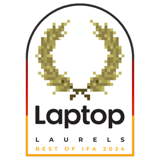 An awards badge for a Laptop Mag, Laptop Laurel winner showing a pixel art laurel with the words 