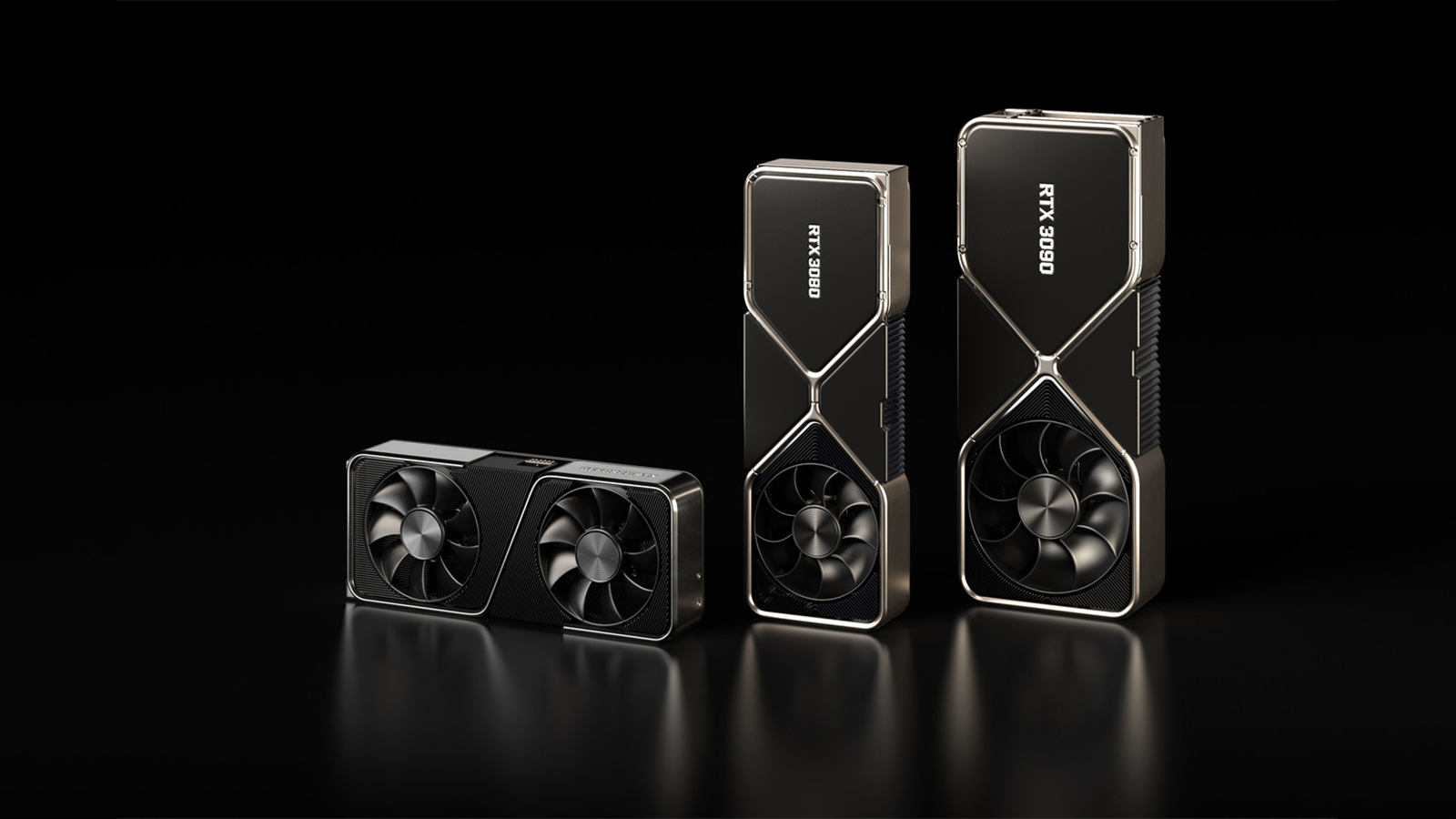 Nvidia RTX 3070, RTX 3080, And RTX 3090 Lined Up In A Promotional Image From Nvidia
