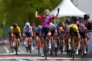 BERG EN TERBLIJT NETHERLANDS APRIL 14 LR Lorena Wiebes of The Netherlands and Team SD Worx Protime celebrates before crossing the finish line while Marianne Vos of The Netherlands and Team Visma Lease a Bike crosses in first position during the 10th Amstel Gold Race Ladies Edition 2024 a 1576km one day race from Maastricht to Berg en Terblijt on UCIWWT April 14 2024 in Berg en Terblijt Netherlands Photo by Luc ClaessenGetty Images