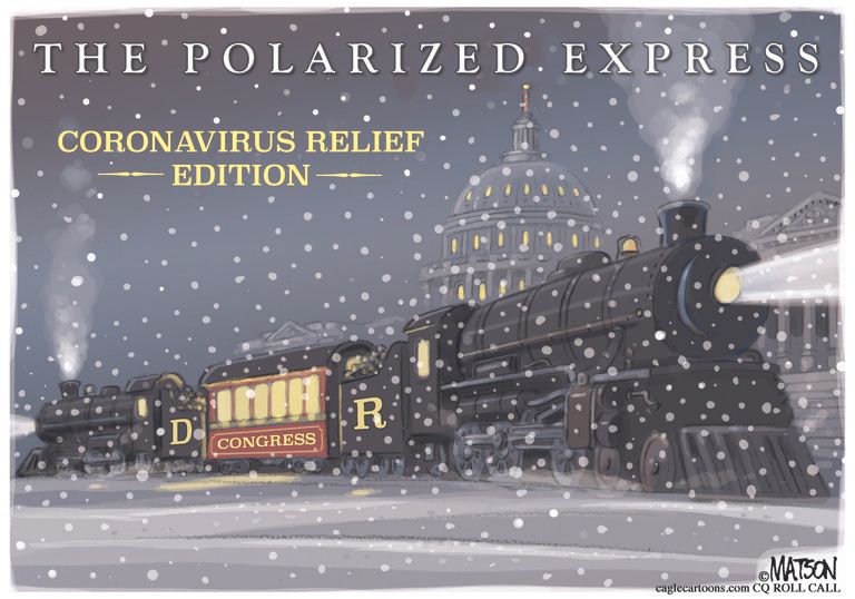 Political Cartoon U.S. Congress Polar Express COVID relief